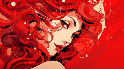 woman's face in ine art style expressing sensuality, love, on a red background with space for text and custom graphics