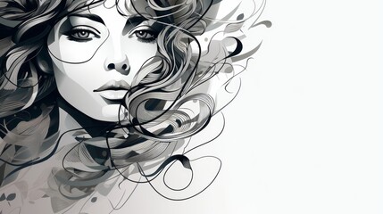 black and white illustration of a woman's face with long hair blowing in the wind forming curls in line art style on white background