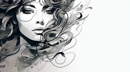 Foto op Canvas black and white illustration of a woman's face with long hair blowing in the wind forming curls in line art style on white background © Marco