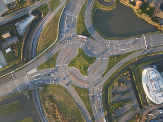 Complex roundabout intersection, turbo roundabout. Traffic flow intersection.