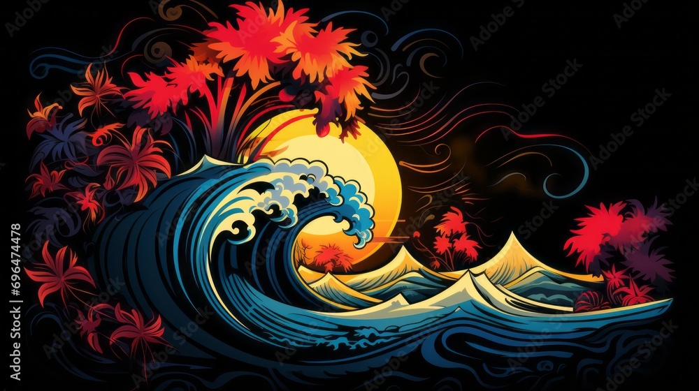 Fototapete multicolored japanese wave on a black background with space for text and custom graphics