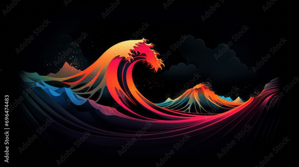 Poster multicolored japanese wave on a black background with space for text and custom graphics