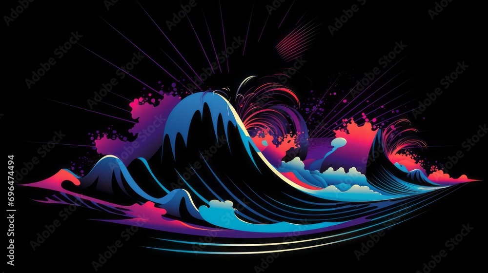 Aufkleber multicolored japanese wave on a black background with space for text and custom graphics