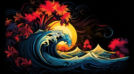 Multicolored Japanese wave on a black background with space for text and custom graphics