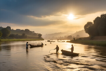 Fisherman at sunset generative AI