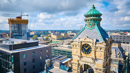 Aerial View of Historical Clock Tower Amidst Urban Construction, Milwaukee