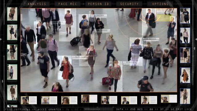 
Scanning Crowd of People Walking at Station. Surveillance Interface Using Artificial Intelligence and Facial Recognition. Face Detection, AI, Future, Total Control, Privacy. Suspect Found.