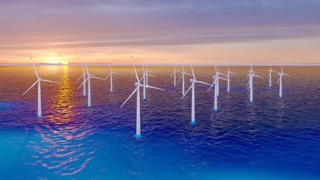 Offshore wind turbines farm on the ocean. Sustainable energy production, clean power. 4K ULTRA HD.	
