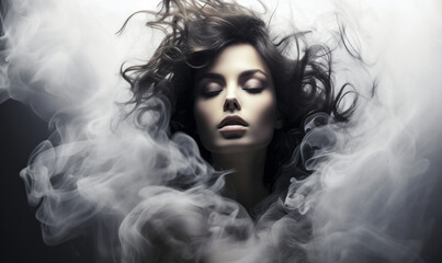 Fototapeta premium Ethereal Beauty in Dreamy Smoke, Monochrome Portrait of Woman with Smoky Wisps