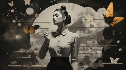 Black and white photo of a woman's body with butterflies in a photographic collage style