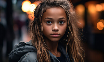 Intense portrait of a young girl with expressive eyes in a dimly lit atmospheric urban setting