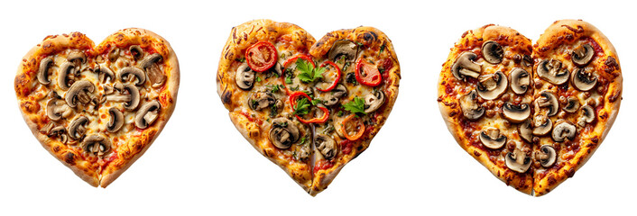 Set of Top-View Valentine's Day Posters Featuring Heart-Shaped Mushroom Pizzas with Copy Space, Isolated on Transparent Background, PNG