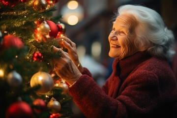 Radiant Elderly Lady Adorning Festive Christmas Tree