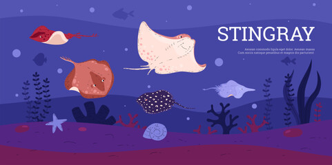 Sea underwater nature landscape with various stingrays fishes, algae and corals, vector wildlife marine fauna and flora