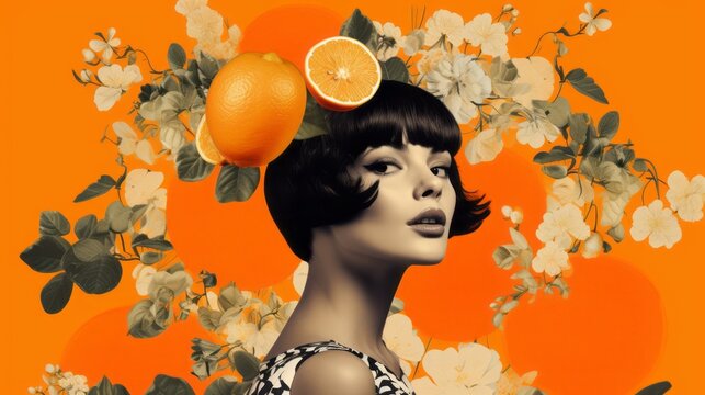 Photographic collage of a woman with Sicilian oranges and orange blossoms on an isolated background with space for text and graphics