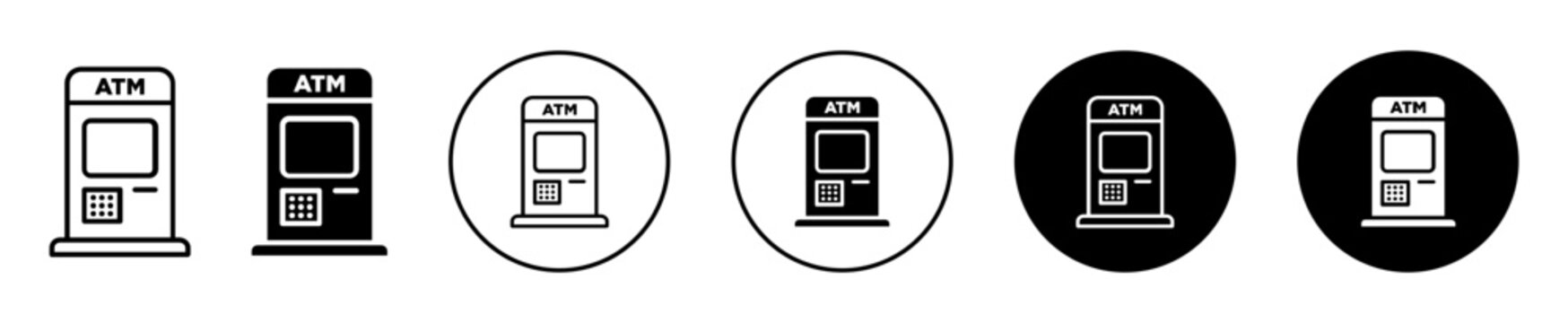 Atm icon. automated teller machine electronic banking outlet to withdraw through credit or debit card transaction at atm branch logo symbol set. finance banking cash withdrawal machine vector