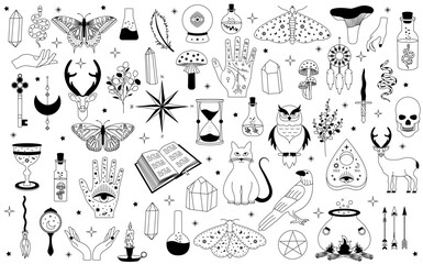 Witchy magic set. Set of witchcraft items. Collection of witchy magic and esoteric equipment. Vector illustration of mythical elements.