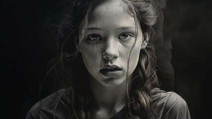 Black and white photographic portrait of a girl face
