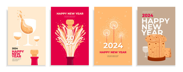 Set of Happy New Year greeting cards. Vector illustration concepts for poster graphic and web design, social media banner, marketing material. - obrazy, fototapety, plakaty