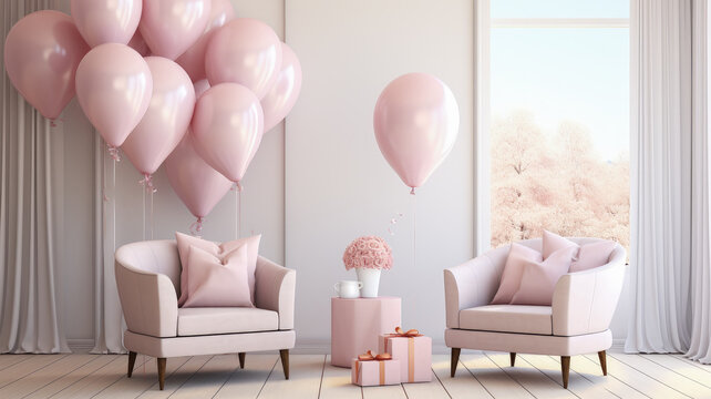 sal&oacute;n decorado con butacas rosas, mesa y paquetes regalo, sobre fondo de pared decorada con globos rosas y gran ventanal con vistas al bosque