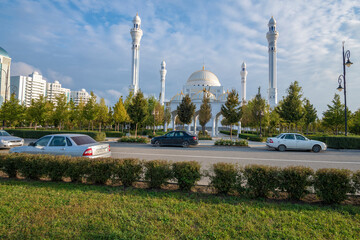 Mosque of the Prophet Muhammad (Pride of Muslims Mosque) in the city landscape on a sunny September morning, Shali