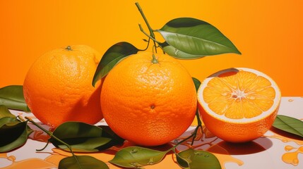 orange frutis with green leaves on isolated orange background with space for text and custom graphics