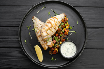 Grilled perch fillet served on a plate on a dark wooden background. Top view, flat lay.