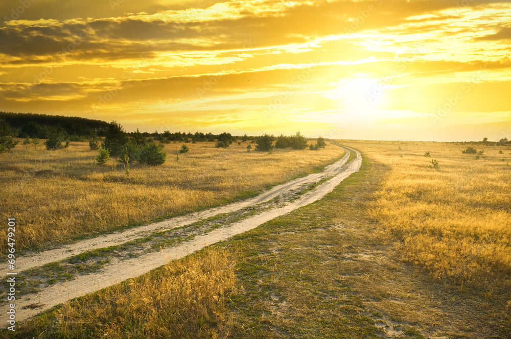 Sticker road and sunset sky