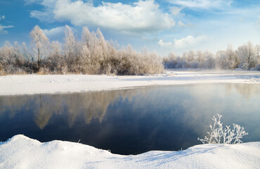 winter scene with river background.