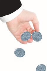 American coins are pouring out of the businessman's hand.