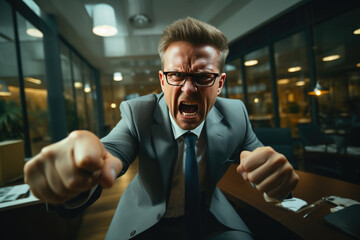 Stressed Manager in Office Outburst - obrazy, fototapety, plakaty