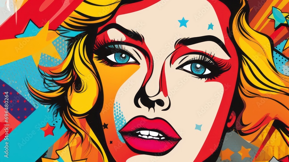 Poster graphic illustration of a woman's face in pop art style on a multi color background with space for t