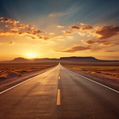 Empty long mountain road to the horizon on a sunny summer day at bright sunset. Generative AI. - obrazy, fototapety, plakaty