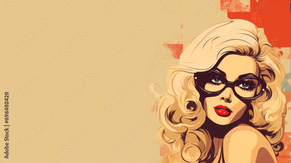 Poster graphic illustration of a woman's face in pop art style on a beige background with space for text an