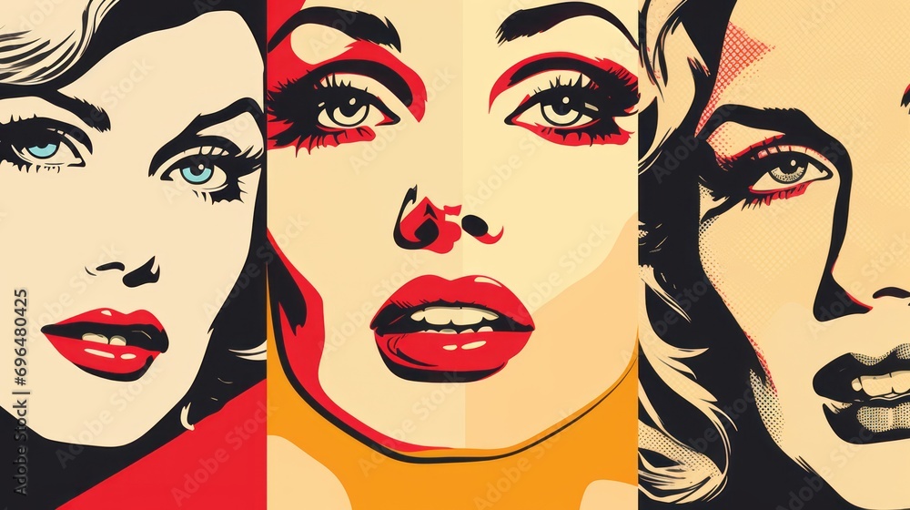 Poster graphic illustration of a woman's face in pop art style on a beige background with space for text an
