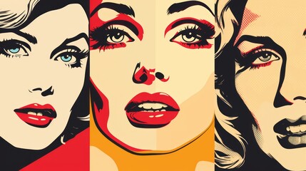 Graphic illustration of a woman's face in pop art style on a beige background with space for text and customizable graphic elements