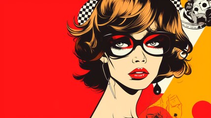 Graphic illustration of a woman's face in pop art style on a red background with space for text and customizable graphic elements