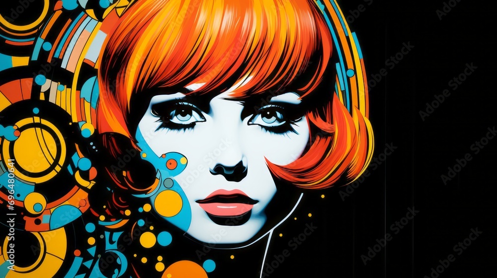 Poster graphic illustration of a woman's face in pop art style on a black background with space for text an