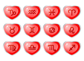Zodiac sign icons in the form of voluminous red hearts. Astrology, Space, horoscope. Isolated vector illustration on a transparent background