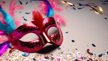 Uma máscara vermelha de Carnaval sobre uma superfície cheia de confete e serpentina.