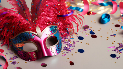 Uma máscara de Carnaval com penas sobre superfície cheia de confete.