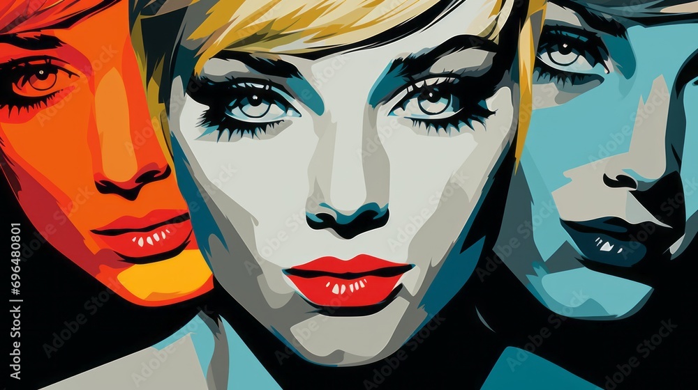 Poster graphic illustration of a woman's face in pop art style on a black background with space for text an