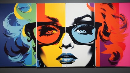 Graphic illustration of a woman's face in pop art style on a black background with space for text and customizable graphic elements