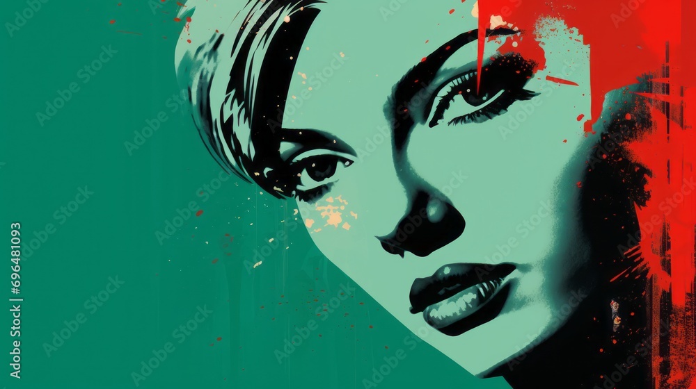 Poster graphic illustration of a woman's face in pop art style on a green background with space for text an