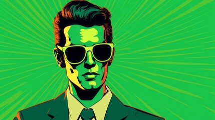 Graphic illustration of a man's face in pop art style on a green background with space for text and customizable graphic elements