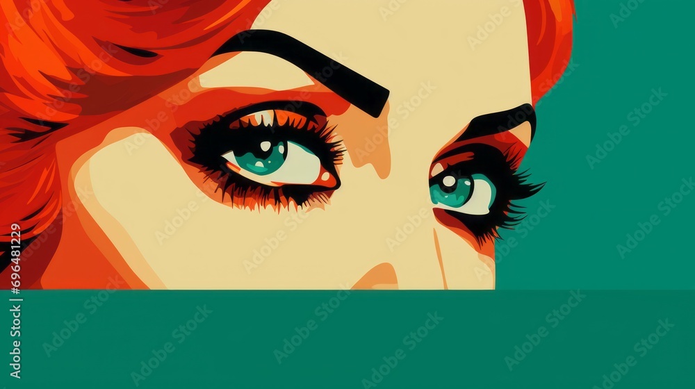 Poster graphic illustration of a woman's face in pop art style on a red isolated background with space for 