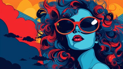 Graphic illustration of a woman's face in pop art style on a blue background with space for text and customizable graphic elements