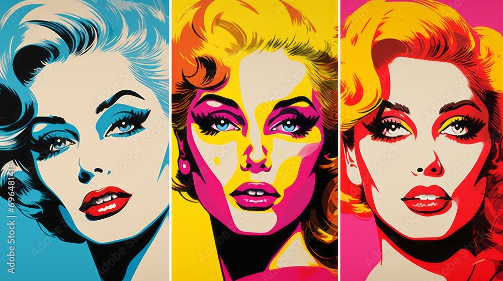 Poster graphic illustration of a woman's face in pop art style on a multicolor background with space for te