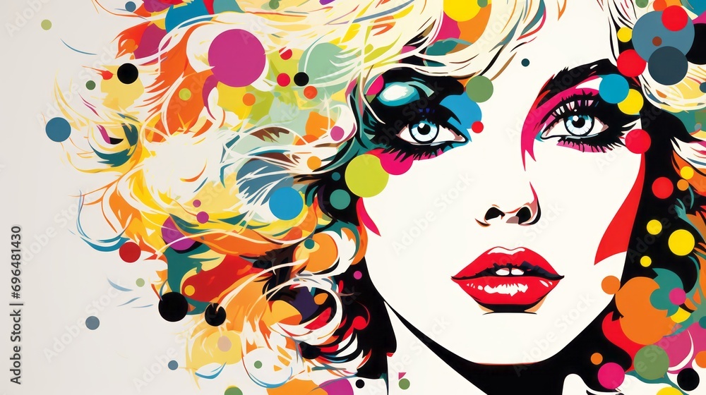 Poster graphic illustration of a woman's face in pop art style on a multicolor background with space for te