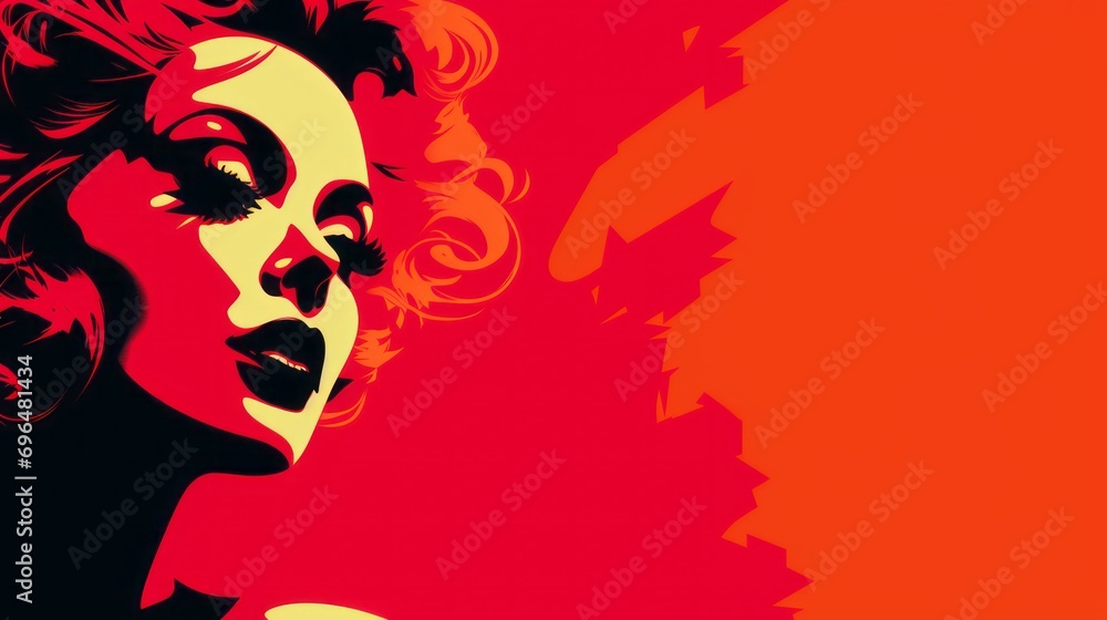 Poster graphic illustration of a woman's face in pop art style on a red background with space for text and 